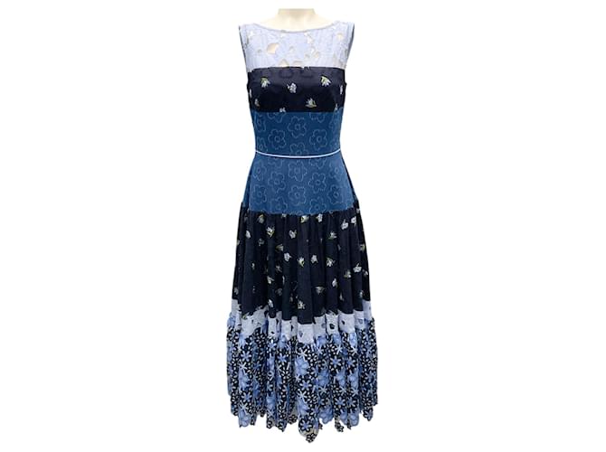 Autre Marque Talbot Runhof Blue Multi Broderie Anglaise-Inset Midi Dress Cotton  ref.2010423