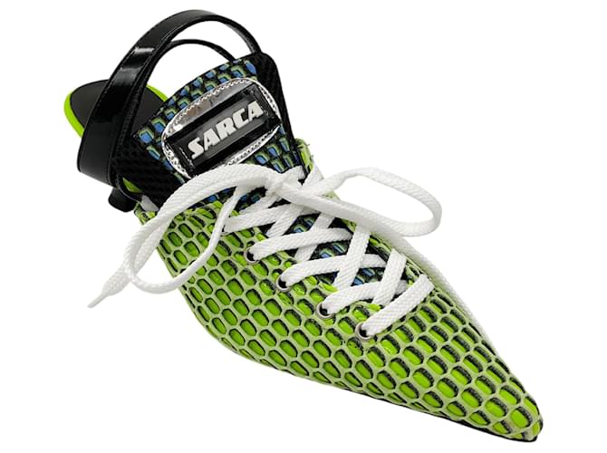 Autre Marque Ancuta Sarca Lime Green A2 Slingback Lace-up Upcycled Textile Kitten Heels Cloth  ref.2010426