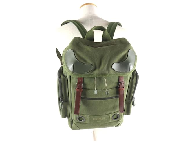 Givenchy Logo Print Canvas Leather Backpack Green Cloth  ref.2010677