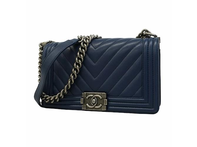 Chanel Boy V Stitch Shoulder Bag Navy blue Leather  ref.2011443