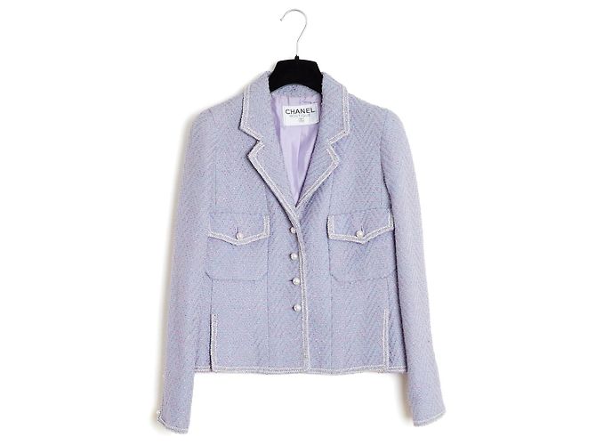 Chanel 1995 Tailored Jacket FR36 Purple Silver Wool Tweed Jacket Ensemble UK8 US6 Silvery