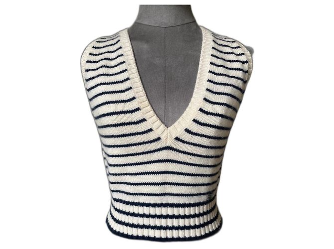 Chanel Gestreiftes Cashmere Crop Top Creme Navy Blau Roh Marineblau