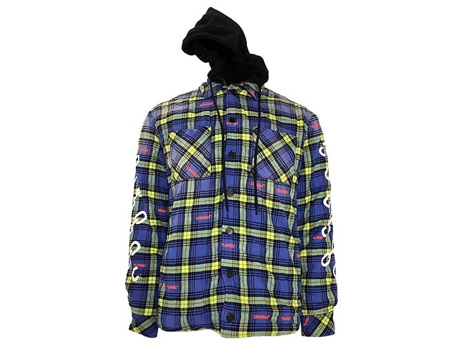Off White Giacca camicia a quadri con logo freccia Off-White in cotone blu e giallo