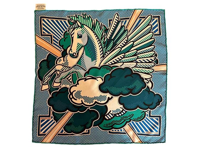 Hermès CARRÉ HERMES PEGASE POP 45 IN SETA VERDE E BLU, DISEGNO DI DIMITRI RYBALTCHENKO