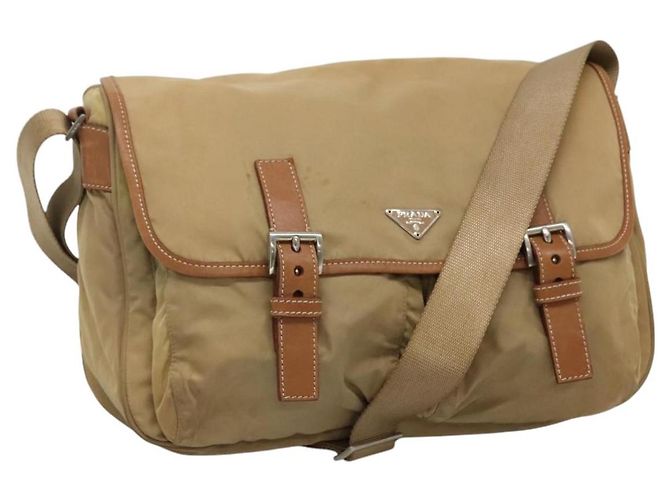 PRADA Borsa a Spalla Nylon Beige Marrone Argento Auth 112279