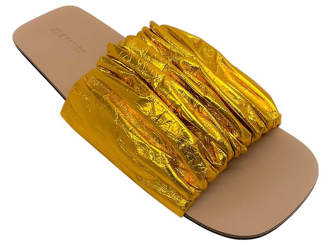 Jil Sander Ruched Gold Lame Slide Sandals