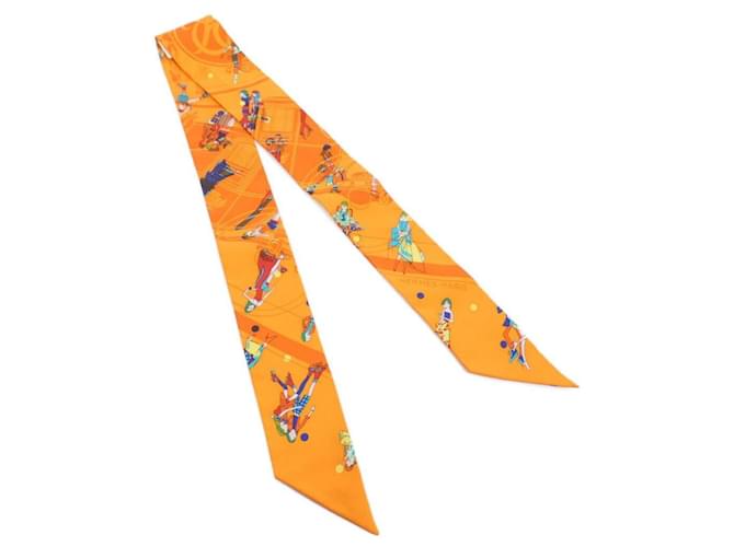 Hermès Hermes EX-LIBRIS LES PARISIENNE Twilly Scarf Orange Turquoise Silk  ref.2019357