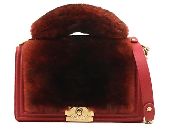 Chanel Boy Handbag in Brown and Red Leather Fur  ref.2019608