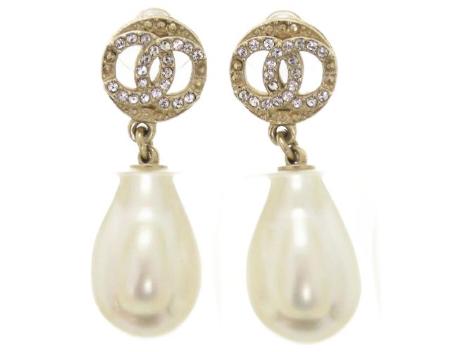 Pendientes de piedra plástica de perla falsa dorada Chanel Coco Mark Blanco Dorado