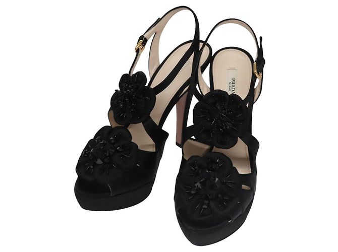 PRADA Talons hauts Satin 37 1/2 Noir Auth ac3535