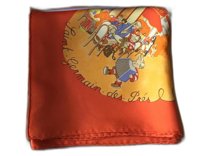 Sublime lenço Hermès intitulado 'Les triplés' com sua caixa - muito raro e procurado Laranja