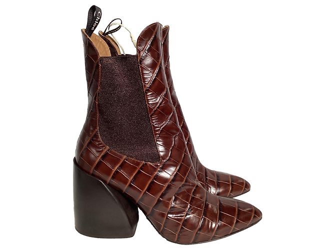 Botines de cuero marrón con estampado de cocodrilo Chloé Wave Castaño Roja