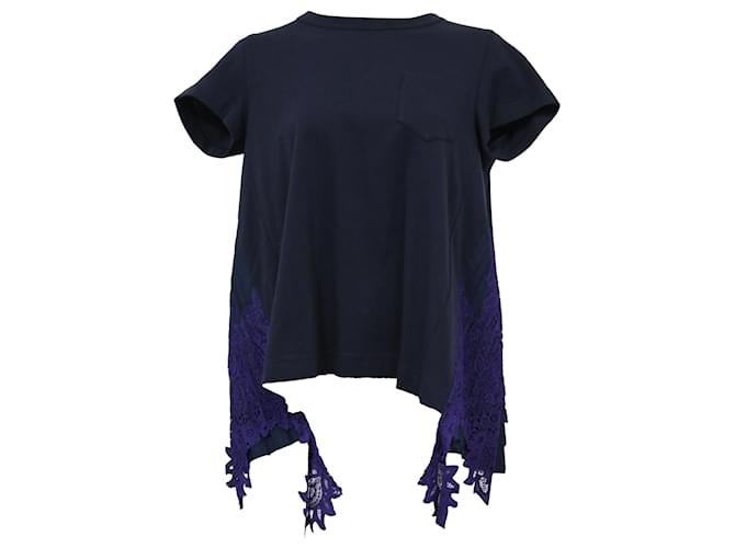 Sacai Draped Lace Inserts T-shirt In Navy Cotton Blue Navy blue  ref.2021704