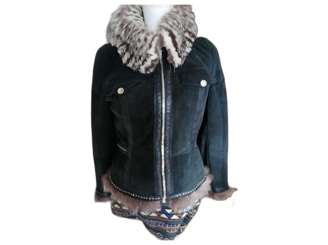 Autre Marque Black deerskin suede jacket with silver fox collar