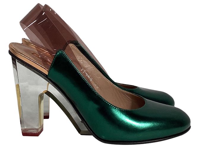 Dries Van Noten Metallic Clear Heel Pumps in Green Leather