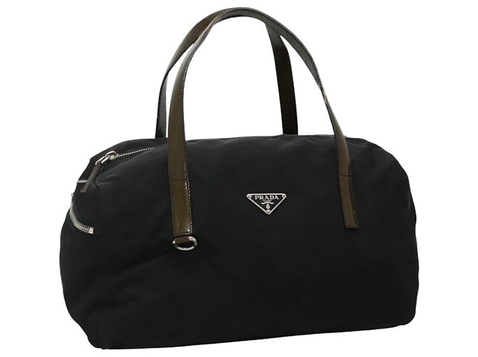 PRADA Handtasche aus Nylon mit schwarzem, khakifarbenem und silbernem Emaille authentisch hk2037