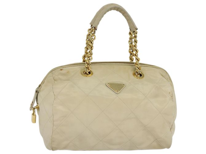PRADA Bolsa de mão com corrente em nylon bege dourado Auth mr979