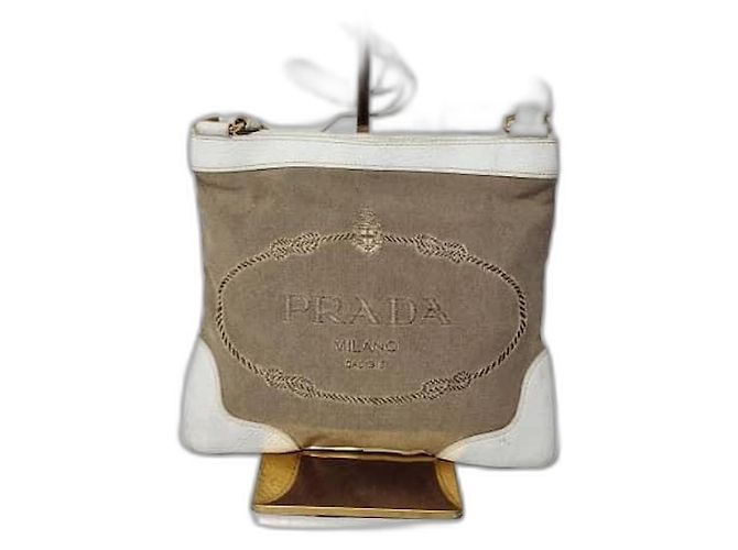 Bolsa transversal Prada Canapa Logo Jacquard Marrom/Branco