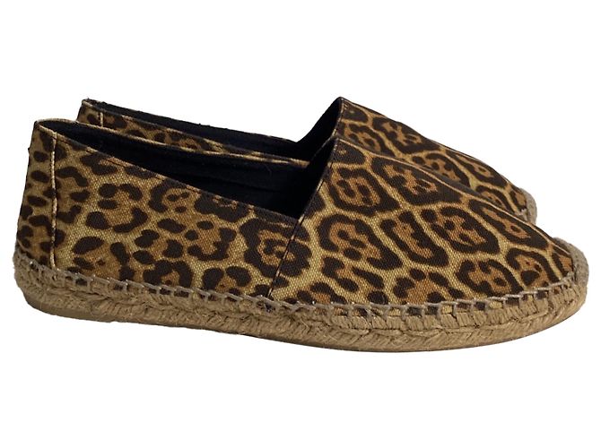 Espadrilles à semelle plate en toile marron avec imprimé léopard de Saint Laurent