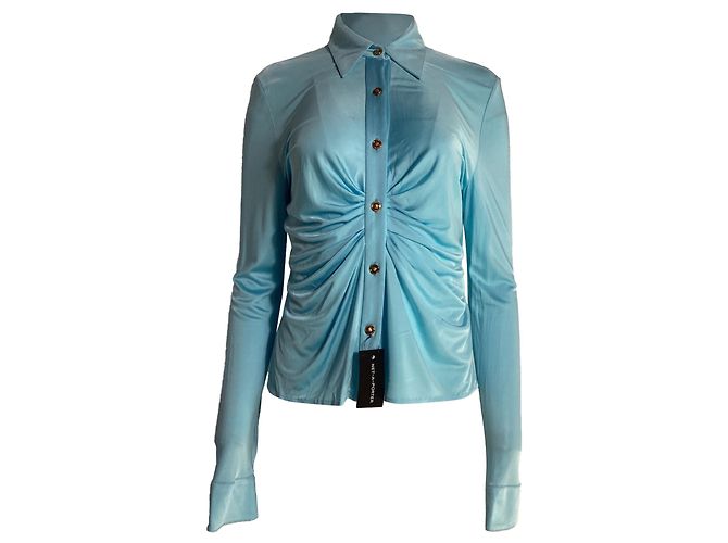 Versace Ruched Buttoned Blouse in Blue Viscose Light blue