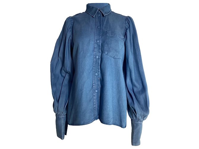 Autre Marque Chemise à manches évêque boutonnée en coton bleu avec des boutons en nacre Bleu clair