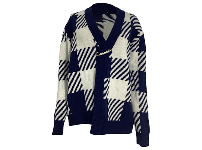 Autre Marque Mother of Pearl Blake Oversized Embellished Checked Cardigan in Blue Wool  ref.2028424