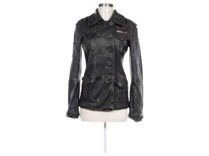 Superdry Fine Tailoring Superior Thread Count Double Breasted Black Leather Retro Jacket, size Small