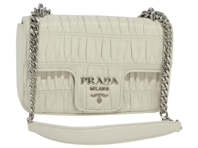 PRADA Gathered Chain Shoulder Bag Leather White Silver Auth mr992 Silvery