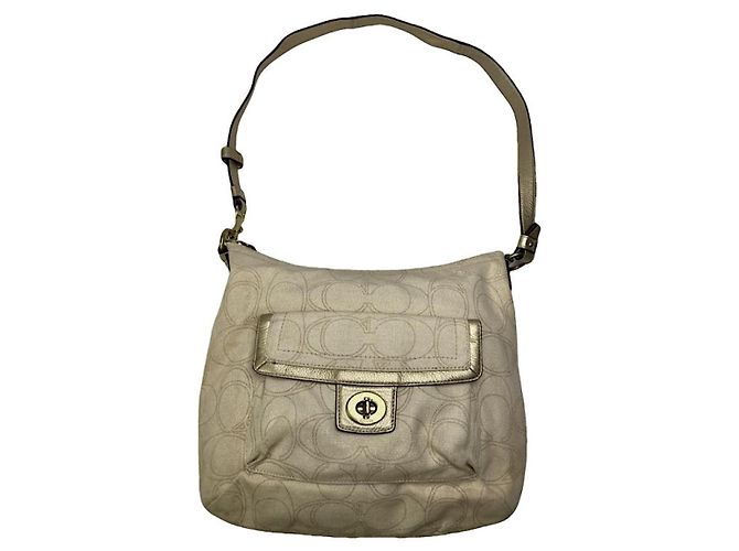 Bolsa de mão de couro bege Sufflette Signature da Coach