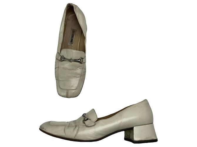 Céline Celine Triomphe Zapato Plano de Cuero Blanco