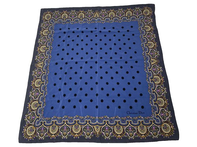 Lenço de seda azul Dior com bolinhas e padrão oriental
