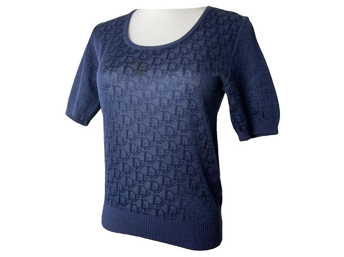 Dior Oblique Monogram Wolle Kurzarmpullover Marineblau