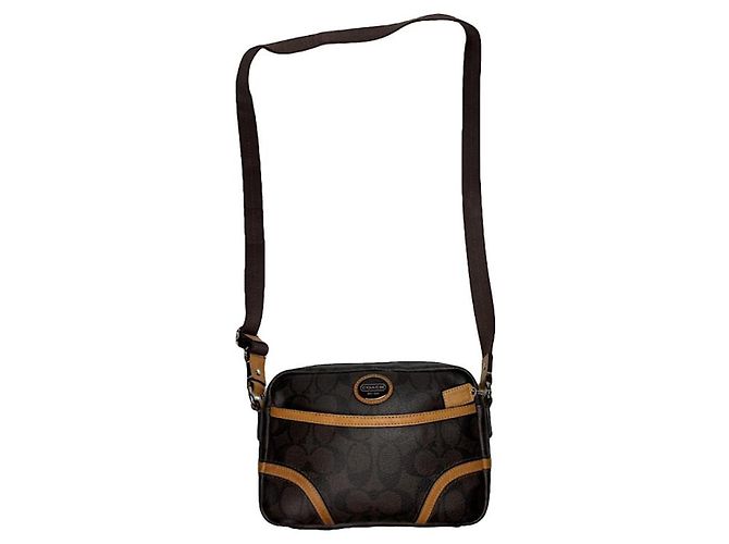 Bolsa de mão de couro marrom Sufflette Signature da Coach