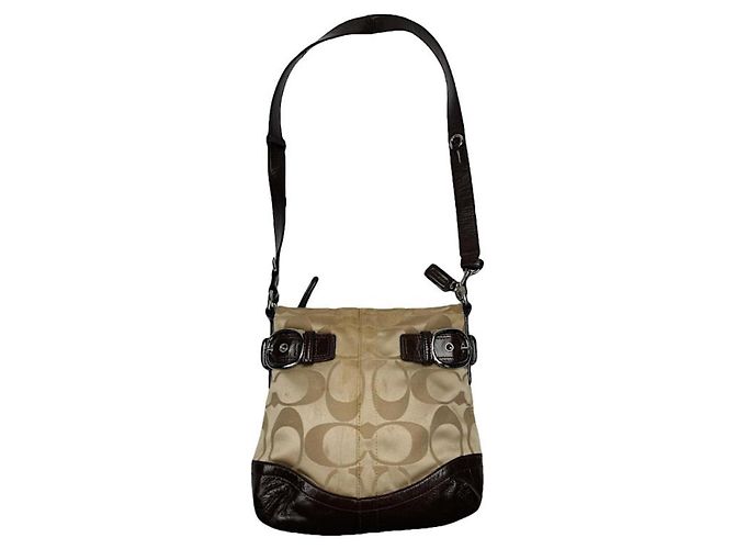 Bolsa de mão de couro bege Sufflette Signature da Coach