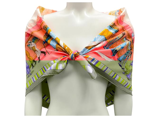 Hermès Hermes Coral / Pink Multi Prieres au Vent Print Square Silk Twill Scarf  ref.2034887