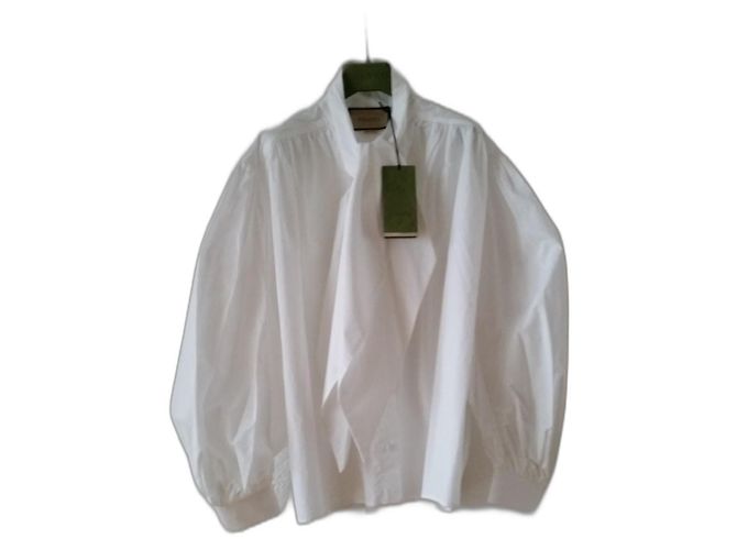 GUCCI CAMICIA BIANCA POPELIN DI COTONE CON FIOCCO AL COLLO. Bianco