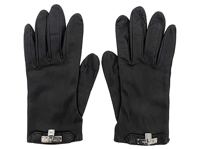 Hermès Hermes Black Kelly Leather Short Gloves Silvery  ref.2039587
