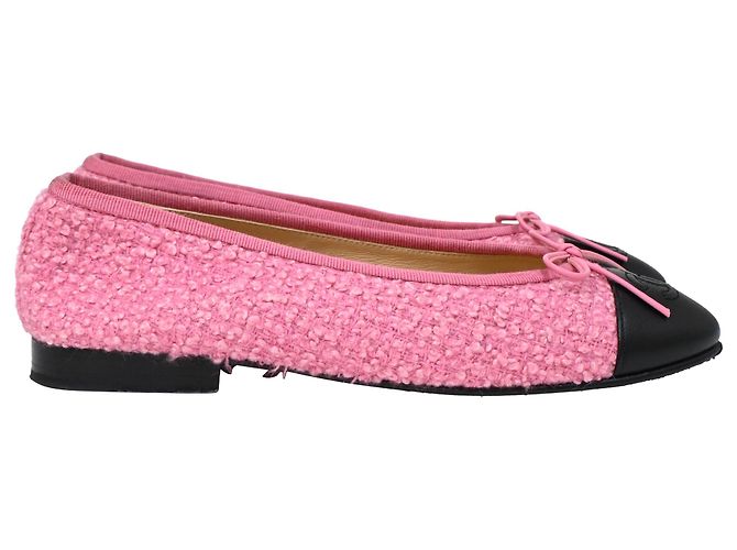 Timeless Bailarinas de punta cap en tweed de algodón con lazo CC de Chanel Rosa