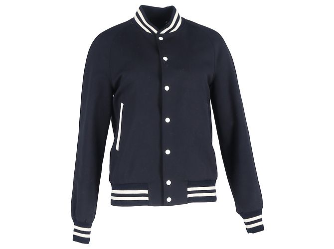 Sandro Paris Striped Varsity Jacket in Navy Blue Polyester