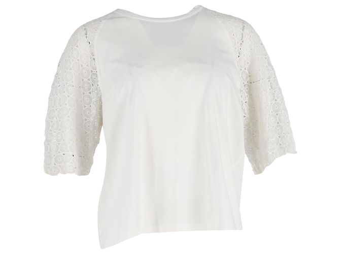 Camiseta de cuello redondo en algodón blanco con mangas de encaje Chloé Crudo