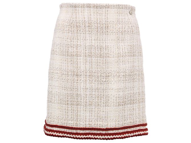 Classique Jupe A-Line Mini Chanel en tweed de coton beige et rouge