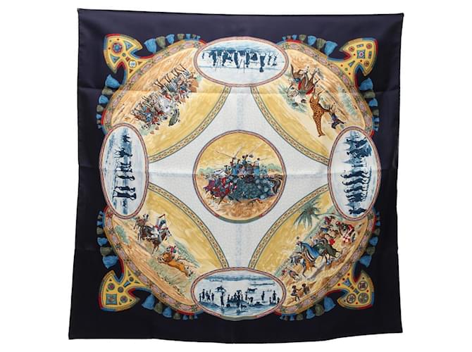 Hermès Écharpe Hermes Carre 90 Cavaliers Peuls Soie Multicolore Bleu Marine  ref.2041744