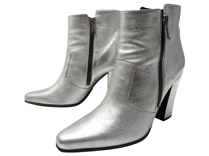 CHAUSSURES BOTTINES BALMAIN 39.5 A TALONS CUIR ARGENTE SILVER ANKLE BOOTS