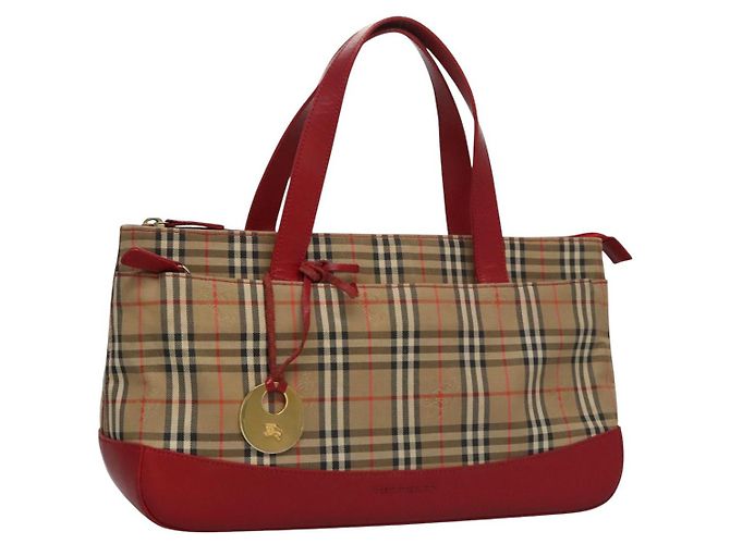 Bolsa de mão em canvas bege e vermelho com estampa Nova Check da BURBERRY Auth 113293