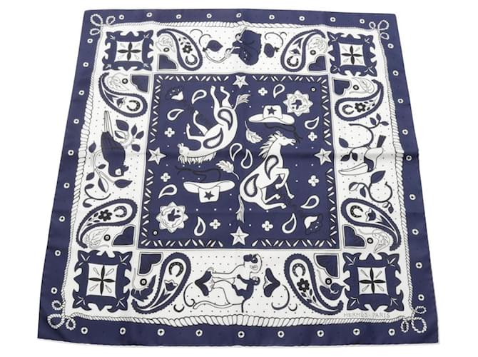 Carré 55 Animaux Bandana Hermès Soie Noir Blanc Bleu Marine  ref.2043269