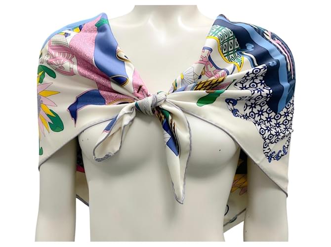 Hermès Hermes Ivory / Blue / Pink Multi Les Tresors d'Un Artiste Square Silk Twill Scarf Multiple colors  ref.2043427
