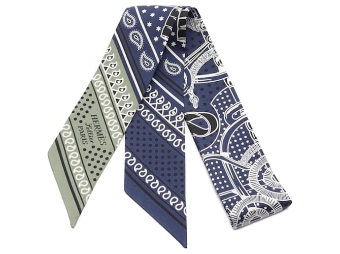 Hermès Foulard Bandana Hermes Twilly Eperon d'Or Soie Multicolore Kaki Bleu Marine  ref.2043596