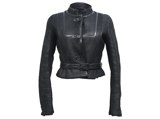 Céline  Celine Belted Mandarin Collared Jacket in Black Leather