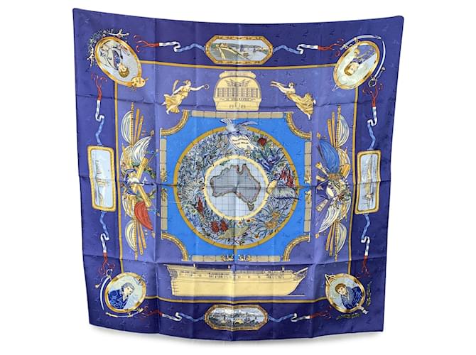 Hermès Hermes Jacquard Vintage Silk Scarf Le Geographe 1992 Laroche Blue  ref.2043825