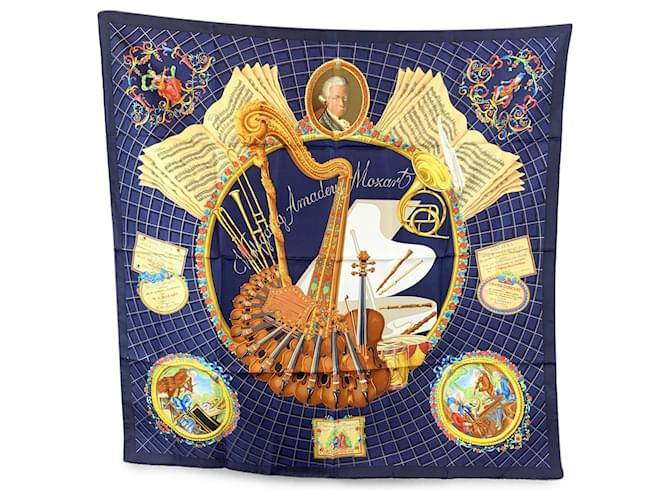 Hermès Hermes Vintage Blue Silk Scarf Hommage a Mozart 1991 Julie Abadie  ref.2043829